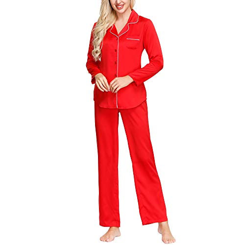 Satin Pajama Set For Women | Classy Silky Notch Collar Long Pjs Set Red S