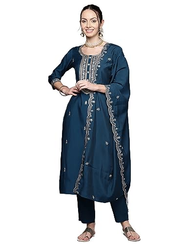 Image of INDO ERA Women's Green Poly Silk Embroidered Straight Kurta & Pant with Dupatta Set (KH9GN7223)