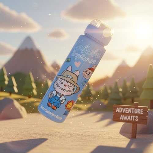 Image of Cartoon Printed Plastic Water Bottle for Kids Leak Proof Flip Cap Sipper Bottle with Strap School Drinking Bottle for Boys Girls Travel Office Use 900 ML (Blue)