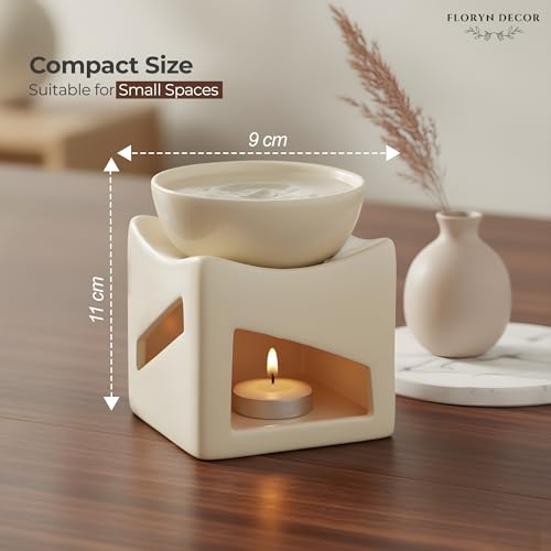 Image of Floryn Decor Ceramic Oil Burner Diffuser for Home & Office | Aroma Oil Burner with Tealight Candle | Ceramic Fragrance Diffuser for Aromatherapy, Relaxation & Home Decor (100ml) (Cream)