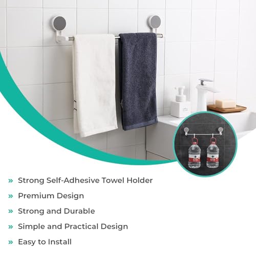 Image of JIALTO Stainless Steel Wall Mounted Self Adhesive Magic Sticker Towel Napkin Holder Bar for Towel Rod /Bathroom Hangers for Clothes & Cloth Hanger Stand & 2 Hook (White&Grey, 1 Pipe Towel BAR)