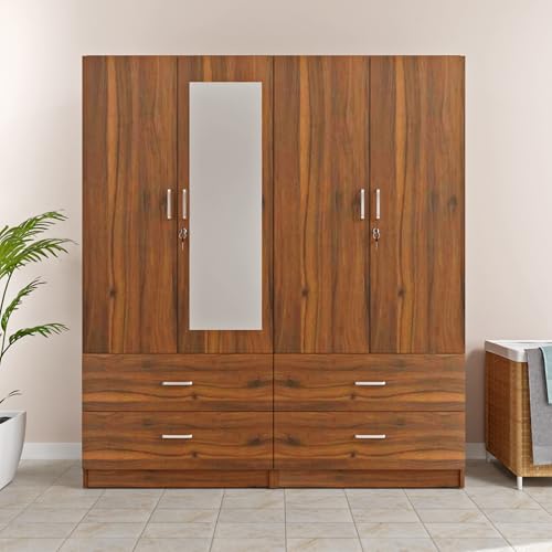 Image of VIKI Wardrobe | Wooden Almirah for 4 Door 4 Drawer with Shelves & Hanging Space Mirror Wardrobe (Brussel Walnut - 40D x 160W x 180.8H) | 1 Year Warranty | Free Assembly