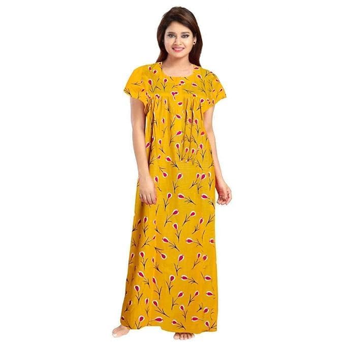 Image of NILOUFO Women's Cotton Printed Maxi Nighty - Pack of 2 | Soft Ankle-Length Sleepwear Gowns for Women | Free Size Night Dresses (Red,Yellow, Free Size)