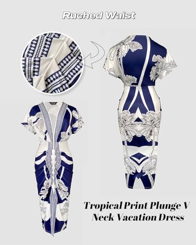 Image of CHICME Summer Dresses for Women Floral Print Plunge V Neck Midi Dress Casual Ruched Slit Bodycon Party Dress