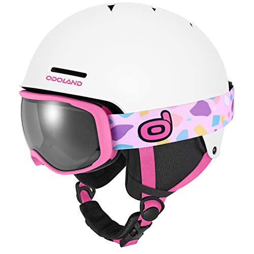 Odoland Casuqe de Ski avec Lunettes 2 en 1 pour Enfant, Graçons et Filles, Anti-Choc, Ventilation, Casque de Snowboard et Masque de Ski pour Enfant et Adolescent de 6-14 Ans XS (49-53cm) Cam
