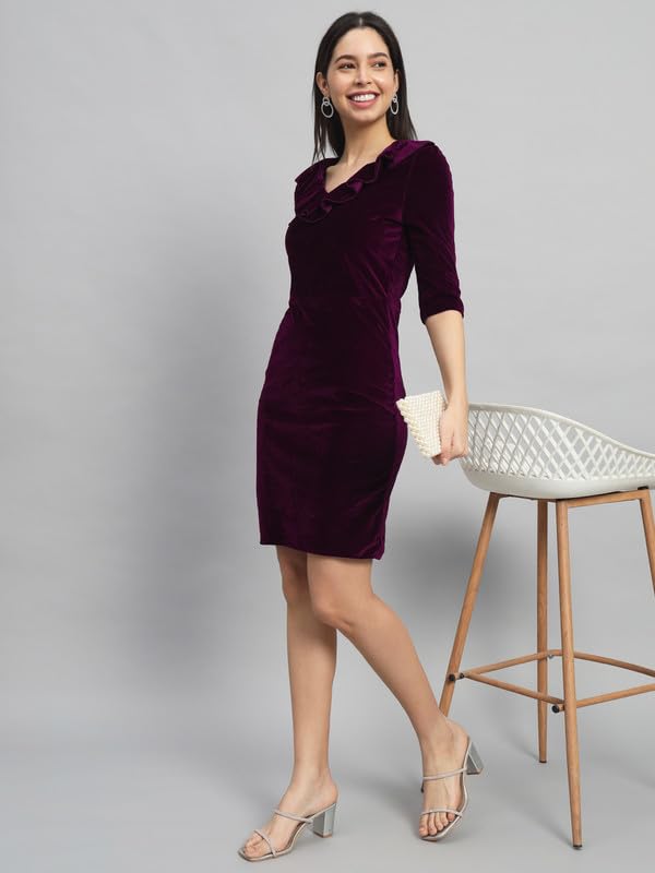 Image of V-Neck Party Dress for Women Bodycon | Shiny Velvet Half Sleeves Above Knee Length Outfit