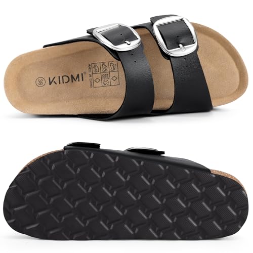 Image of KIDMI Women's Cork Footbed Slide Sandals Comfortable Arch Support Outdoor Sandal with Big Adjustable Buckle for Summer
