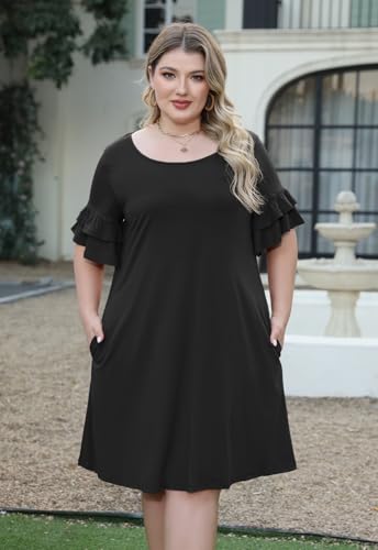 Nemidor Plus Size Casual Dresses for Curvy Women Summer Ruffle Sleeve T-Shirt Swing Mini Dress with Pocket 14-263