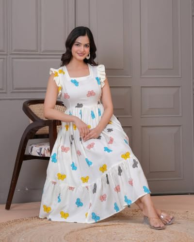 Image of ROYALICA Women's Pure Cotton Floral Printed Maxi Midi Western Dress