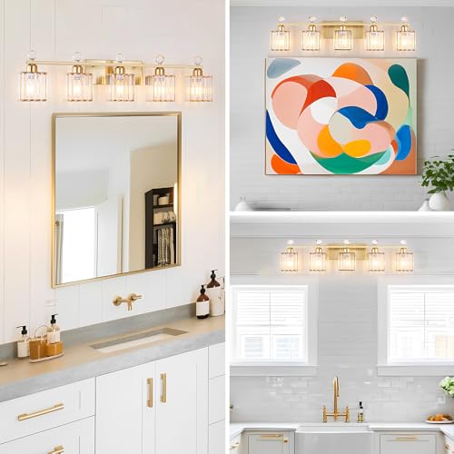 Image of Lxybcce Bathroom Vanity Lights Over Mirror - Easy Installation with Clear Guide, 5-Light Shadow-Free Design, Gold Crystal Finish - for Modern Home Bathroom Lighting Fixtures in DIY Projects
