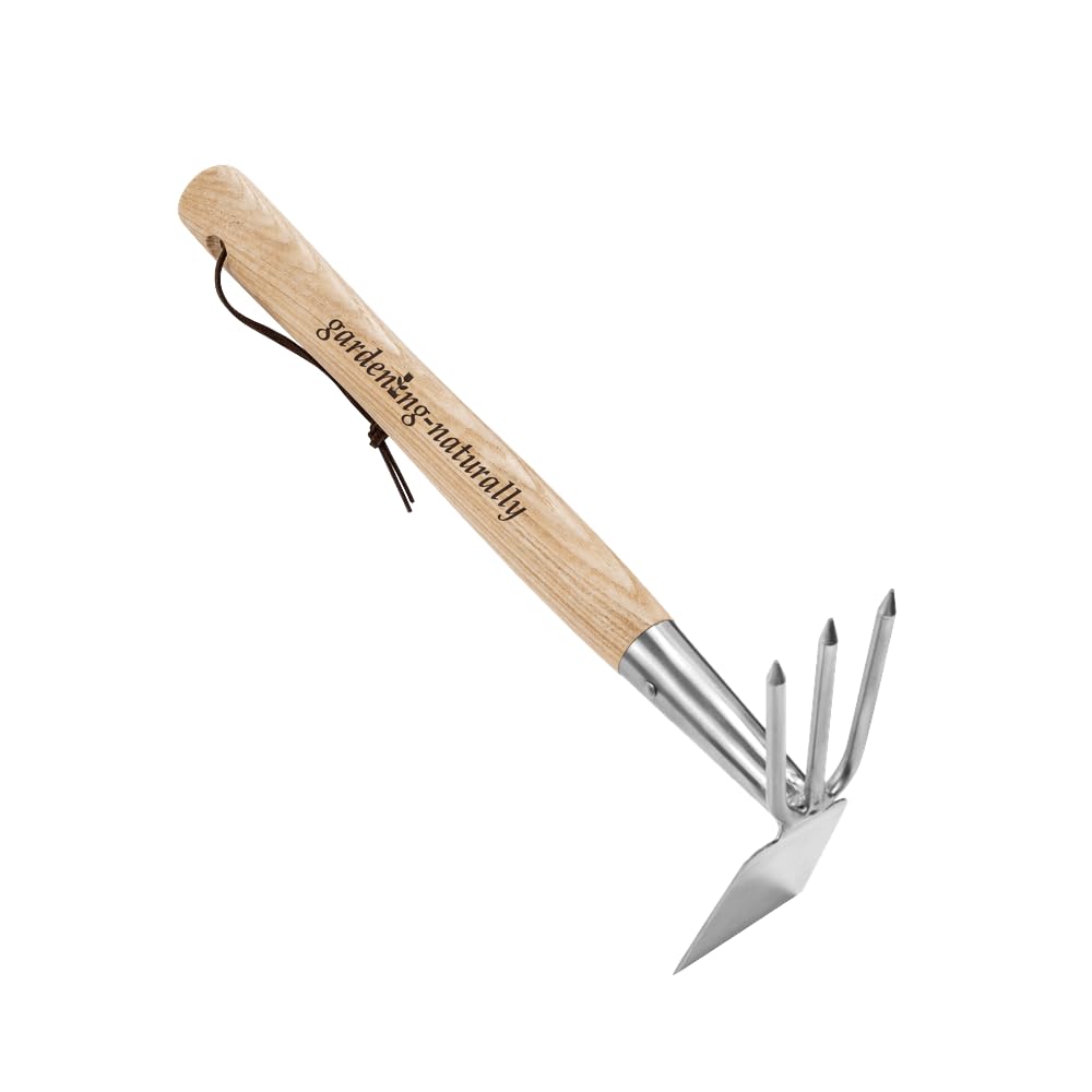 Double Headed Hand Hoe Cultivator 2 in 1 Garden Hoe with Ash Wood Handle Stainless Steel Weeding Tool for Soil Loosening Weeding and Aerating 37 cm