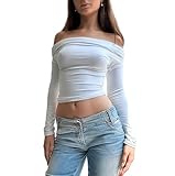 Women Y2k Sexy Off Shoulder T Shirt Strapless Long Sleeve Crop Top Slim Fit Cropped Blouse Casual Going Out Streetwear(A2-White,s)