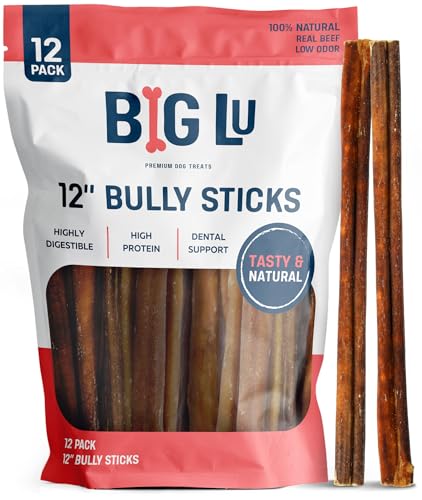 Big Lu - 12 Bully Sticks 12 Count Long-Lasting 100% Grass-Fed Beef Chews for Medium and Large Dogs Natural Single-Ingredient Fully Digestible Treats Perfect for Aggressive Chewers