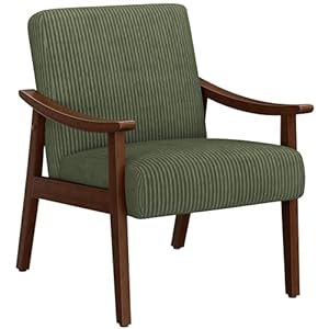 Yaheetech Corduroy Accent Chair, Mid-Century Modern Armchair with Solid Wood Legs, Reading Leisure Chair with High Back for Living Room Bedroom Waiting Room Dark Green