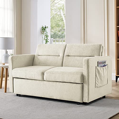 Antetek 3 In 1 Convertible Sleeper Sofa Bed, Modern Velvet Loveseat Sleeper Sofa Couch With Pull-Out Bed, Small Love Seat Sofa Bed With Reclining Backrest & Side Pocket For Living Room, Beige, 54.5" #TOP6