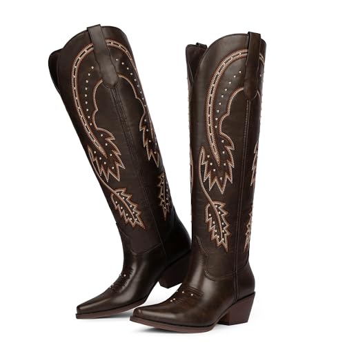 QIY Dark Brown Cow Girl Boots for Women Chocolate Western Cowboy Boots for Womens Coffee Rhinestone Cowgirl Pointed Toe Slip on Chunky Heel Nashville Boot Knee High Size 11 — view 5