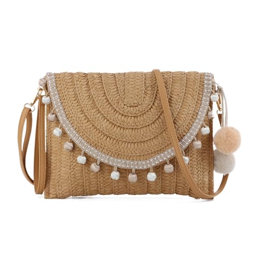 EVEOUT Pochette en Paille Tissée pour Femmes été Clutches Sac à Main en Paille Tressée avec Bandoulière et Pompons pour Parti Mariage Plage...