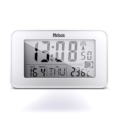 Mebus digitaler Funk-Wecker mit Mondkalender, Beleuchtung, Innenthermometer, 2 Weckzeiten, Schlummer-Funktion / Material: Kunststoff / Farbe: Weiß /...