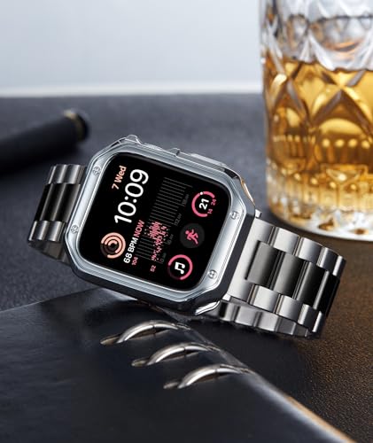 Image of BINLUN Compatible with Apple Watch Band 49mm 46mm 45mm 44mm 42mm 41mm 40mm 38mm Stainless Steel Metal Watch Strap with TPU Watch Case Compatible with iWatch Series(Watch Not Included)