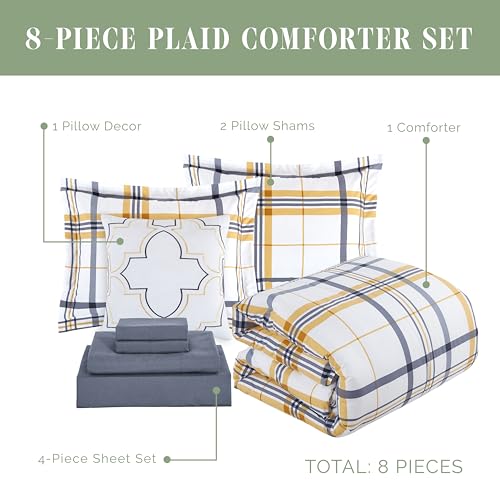 Image of Elegant Comfort 8-Piece Lodge Plaid Reversible Comforter Set - All Season Bed in a Bag, 4-Piece Sheet Set Featuring Smart Pockets, Matching Shams and Decorative Pillow, Full /Queen, Gold
