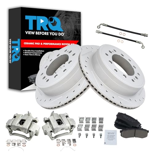 Image of TRQ Performance Rear Brake Pad and Rotor Set Ceramic Slotted Drilled Calipers Compatible with 2010-2021 Lexus GX460 2010-2020 Toyota 4Runner