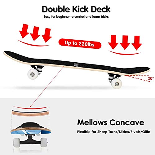 Scientoy Skateboard, Beginner Skateboards, 31" x 8" Complete Pro Skateboard with A Repair Kit for Kids/Boys/Girls/Youth/Adults, 9 Layer Canadian Maple Double Kick Skateboard for Outdoor Sports