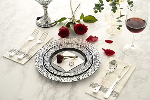 Fomoica Black Silver Plastic Plates And Silverware - 125 Pcs Disposable Premium Plastic Dinnerware Set – Reusable Dinner Plates, Forks, Spoons, Knives – Birthday Parties, Wedding, Halloween, Christmas #TOP2