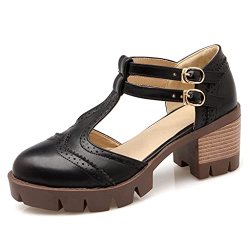 MIOKE Women's Retro T-Strap Mary Jane Pumps Round Toe Perforated Platform Block Heel Vintage Oxford Shoes