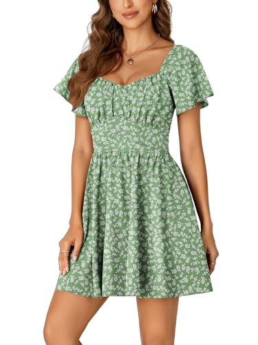 Image of Rooscier Women's Tie Back Square Neck Wrap Ruffle Short Sleeve Flare Mini Dress