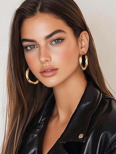 Image of Stainless Steel Chunky Hoop Earrings For Women, Minimalist and Chic, Black /Gold Plated, Round Hoops Earrings Hypoallergenic, Size: 30mm /40mm /60mm /80mm, Come with Box