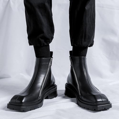 Men Polished Leather Platform Square Chukka Ankle Boots With Side Zipper Comfortable Fashion Chunky Block Heel Lug Sole Non Slip Chelsea Business Boot For Party Formal Work4