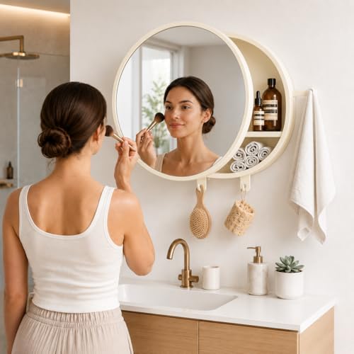 Image of CIPLA PLAST Rich Look Bathroom Cabinet with Mirror | Storage Organiser | Strong Plastic Bathroom Shelves Wall Mounted | Bathroom Accessories| Mirror Cabinet (2, Ivory, Round)