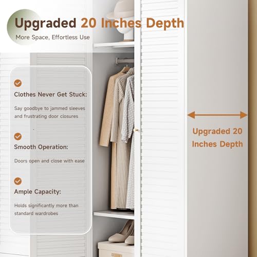 Image of Letaya Armoire Wardrobe Closet,20 inch Deep Metal Wardrobe Cabinet with Doors and Shelves,Hanging Rod Clothing Storage Cabinets for Home Room (White)
