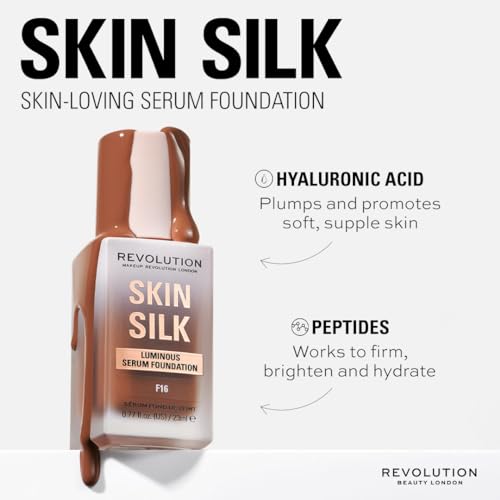 Image of Revolution Skin Silk Radiant Satin Serum Foundation, F15NC Dark Skin Tones | Buildable Coverage, Hydrating Hyaluronic Acid for a Natural Finish, Vegan & Cruelty-Free, 0.77 fl oz