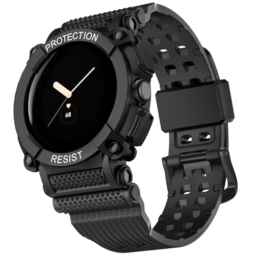 EVPLNT Compatible with Google Pixel Watch/Pixel Watch 2 41mm (2022/2023) with Case, Shockproof Rugged Band Strap for Google Pixel Watch 2 with Bumper Case Cover Men Women (Black)