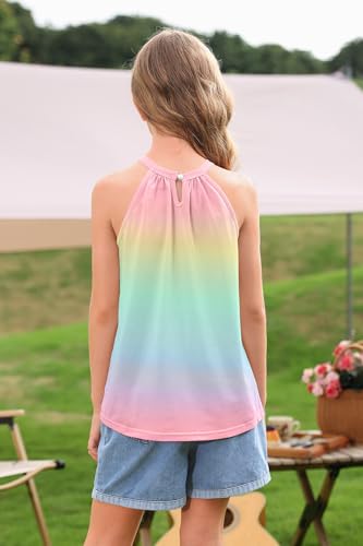 Image of BesserBay Girls Summer Back Button Halter Neck Tank Top Cold Shoulder Casual Blouse Pleated Sleeveless Shirts 5-14 Years