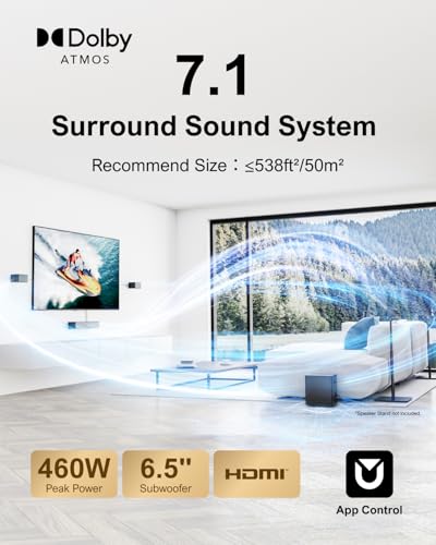 ULTIMEA 7.1Ch Soundbar with Dolby Atmos, APP Control, Surround Sound System for TV, 4 Wired Surround Speakers, Sound Bar for TV with 6.5" Wireless Subwoofer, Soundbar for TV, Poseidon D80 Upgraded - Image 3