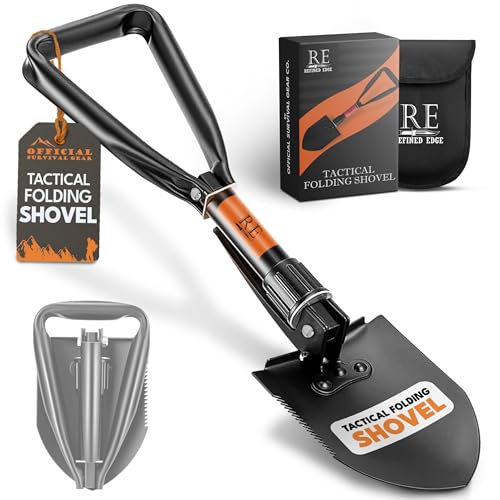 Pala plegable, pala de supervivencia de 18 pulgadas, pala de senderismo, acero al carbono de grado militar con borde de sierra, plegable con funda de transporte
