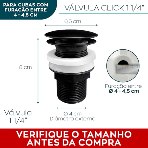 Dona D Cor, Valvula Click Preta 1 1/4 Ralo Click Para Cuba de Banheiro Lavabo 4cm Ralo de Pia ABS Ta