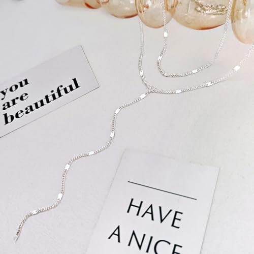 luxval lariat silver necklace for women dainty long necklace silver y-shaped pendant necklaces trendy beaded chain drop necklaces jewelry for women gifts