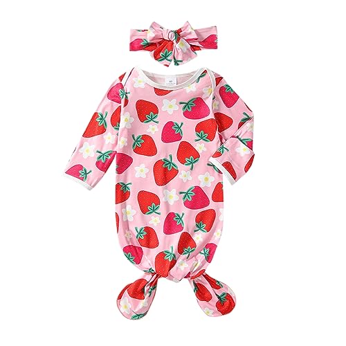 Image of ttmmxamia Baby Sleep Gown 0-3 Month, Two-piece Soft Newborn Sleep Gown, Cow Strawberry Flower Nightgown with Headband