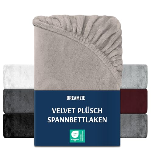 DREAMZIE Premium Frottee Spannbettlaken 140 x 200-160 x 200, Cashmere-Touch Bettlaken Jersey Fleece Spannbetttuch Laken, Taupe