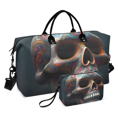 Large Travel Duffel Bag, Mexican Skull Model Sports Tote Gym Bag, Shoulder Weekender Overnight Bag for Women Men, Carry On Luggage with Toiletry Bags