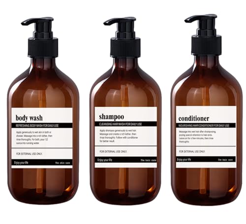 Abriclo 3er Seifenspender Set, 500ml Seifenspender Dusche Pumpspender Nachfüllbarer Kunststoff-Lotionsspender mit Wasserdichten 8er Kategorie Etikett für Dusche/Küche/Badezimmer Bad– Braun