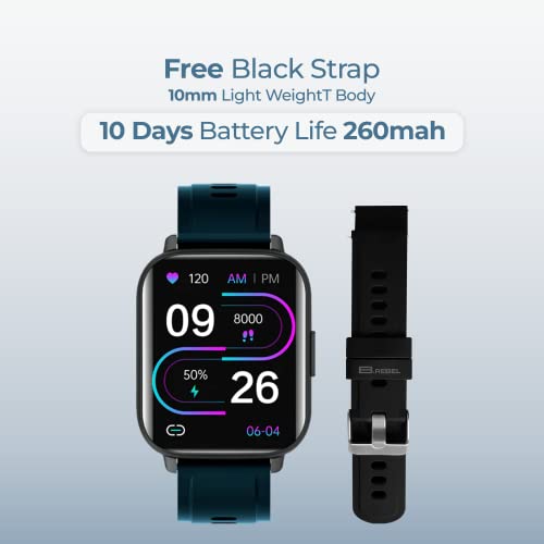 Image of B.REBEL 1.69 inch Full Touch HD Display Smart Watch for Men & Women with 10 Days Battery life, HR & SpO2 Level Monitor, 90+ Watch Faces, Multi Sports Mode, 3ATM Water Resistance - 2 Straps Included (Black & Blue)
