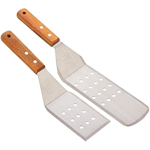 POPCO Set of 2 Wood Handle Heavy Duty Stainless Steel Restaurant Hamburger BBQ Grill Turners Spatulas Cover