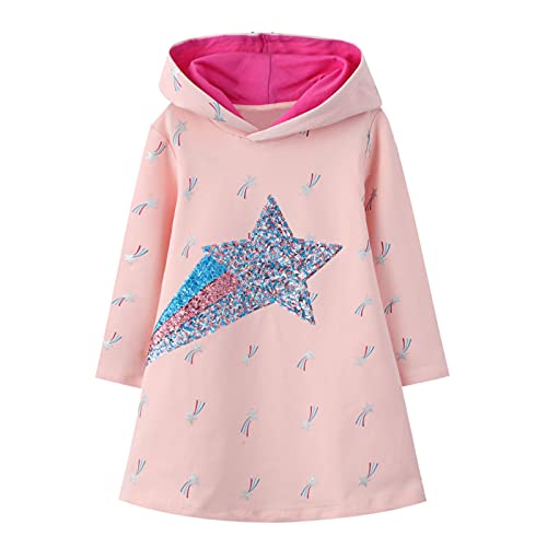 FILOWA Kapuzenpullover Kleid für Mädchen Kapuzenkleid Sterne Pailletten Stickerei Baumwolle Langarm Hoodie Pullover Sweatshirt Kleider Lässig Frühling Herbst Tops Kinder 3-4 Jahre,Rosa