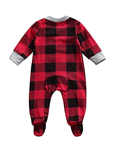Paxlahby Pasgeboren Baby Jongens Meisjes Kerst Geruite Romper Winter Herten Geborduurd Patroon Voetmodel Jumpsuit Kleding, Rood Zwart A, 3-6 Maanden - Afbeelding 6
