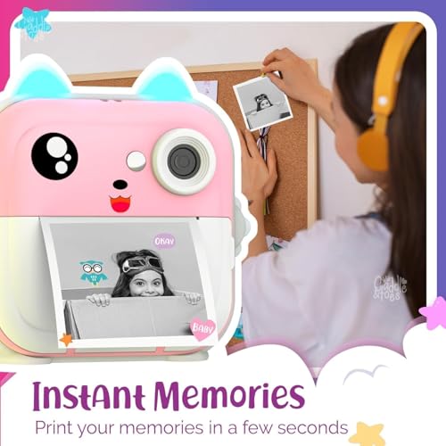 Image of CADDLE & TOES Instant Print Camera for Kids - 1080P HD, 48MP, Bluetooth, Free App, 3 Rolls Print Paper, Stickers, Fun Filters, Gift for Kids (Pink)