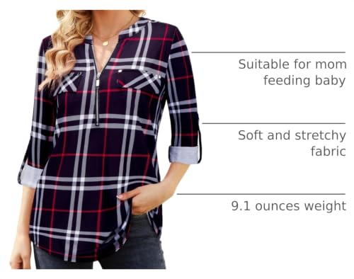 Image of Bulotus 3 /4 Length Sleeve Womens Striped Tops Zipper V Neck Collared Blouses Business Casual Tunics 2026 Spring Trendy